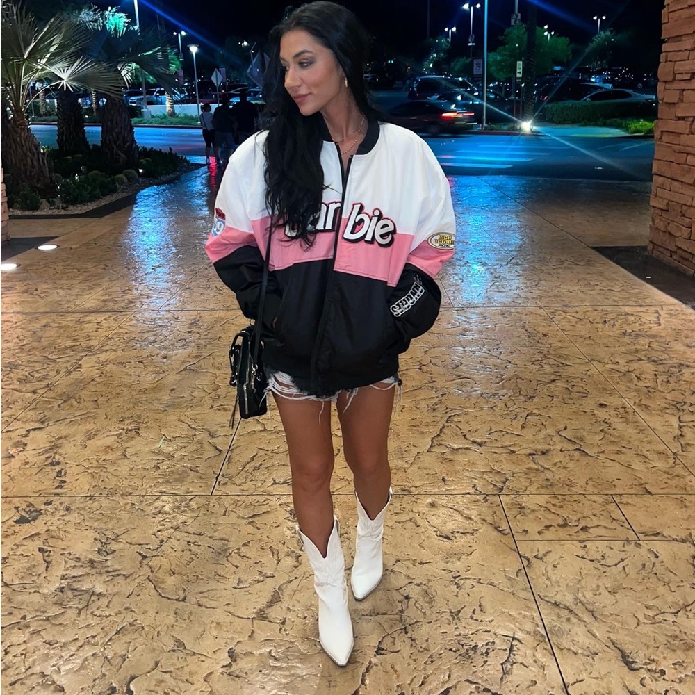 Barbie Women's Pink and Black Bomber Jacket